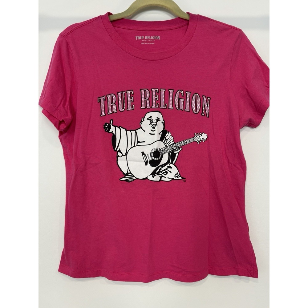 True Religion Buddha Guitar Graphic T Shirt L Pink Embellished Rhinestone Logo
